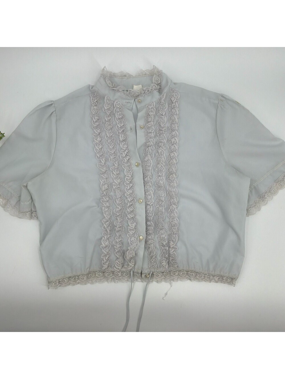 Vintage Light Blue Lace Ruffle Button Up Shirt Women’s Size M
